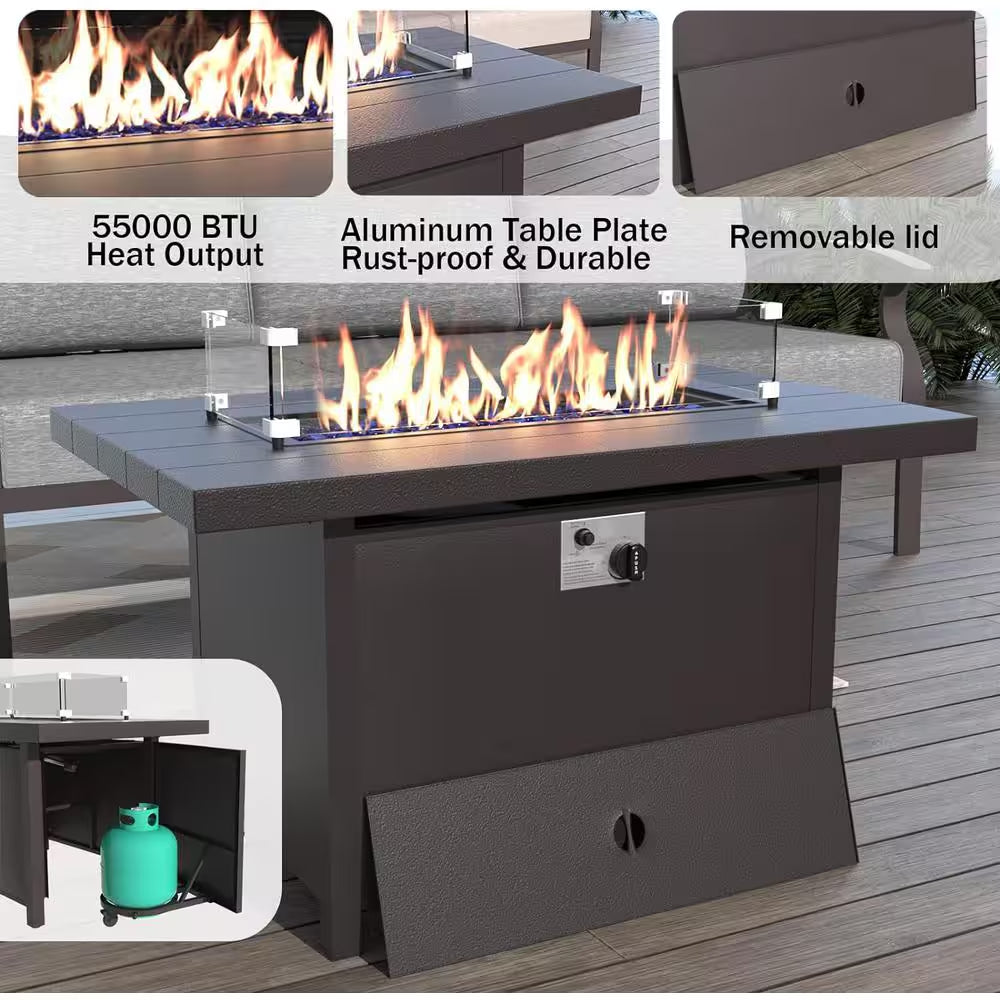 5-Piece Aluminum Outdoor Patio Conversation Set with Armrest, 55000 BTU Propane Firepit Table and Gray Cushions