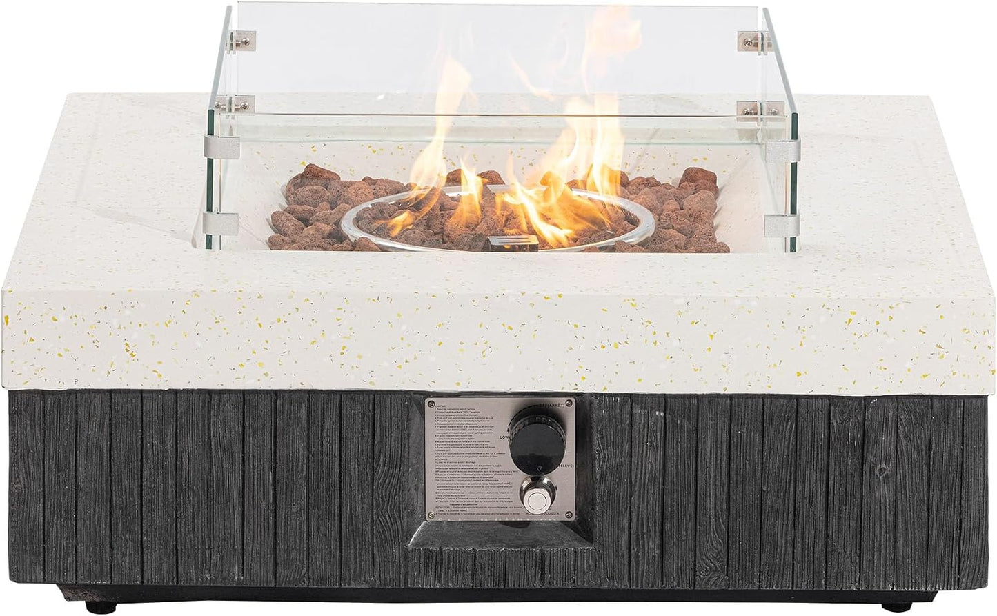 35" Outdoor Propane Fire Pit Table W Tank Cover & Wind Guard, Square Gas Fire Pit Table with Concrete & Wood Grain Design, 50000BTU Fire Tables for Patio, Backyard, Garden