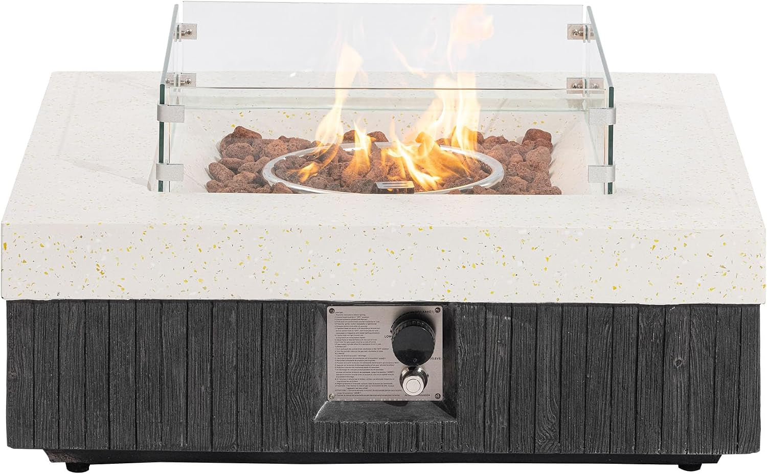 35" Outdoor Propane Fire Pit Table W Tank Cover & Wind Guard, Square Gas Fire Pit Table with Concrete & Wood Grain Design, 50000BTU Fire Tables for Patio, Backyard, Garden