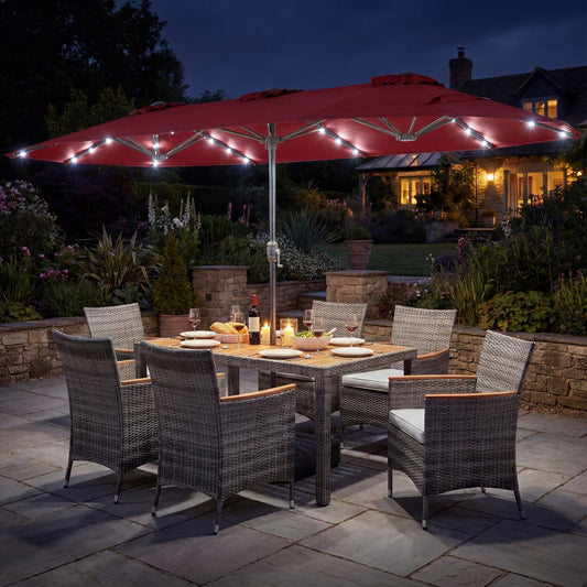 8 Pieces Outdoor Wicker Dining Furniture and 13.5 FT Double-Sided Patio Umbrella