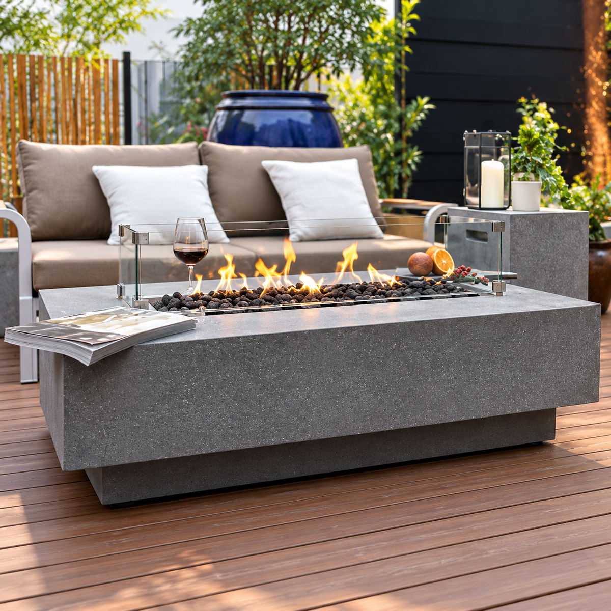 56 Inch Propane Fire Pit Table – Cast Concrete with Lava Rocks